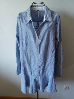Free People Blue Striped Button-Front Shirt Dress